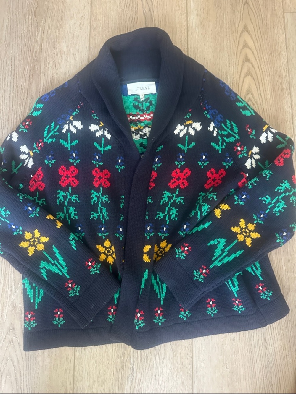 THE GREAT. Navy Knit Cardigan with Green & Multicolor Floral Panel